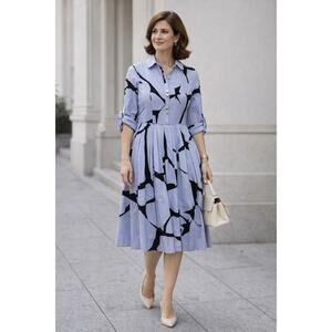 Ivanka Trump Blue Cotton Abstract Print Shirt Dress Pleated Midi 14 Work Chic